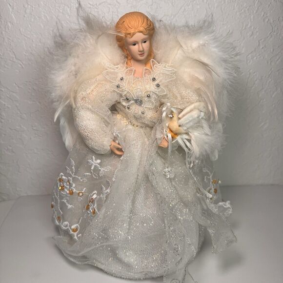 Angel Tree Topper Christmas White‎ with Beads Tulle Feathers 12 In - Picture 3 of 11
